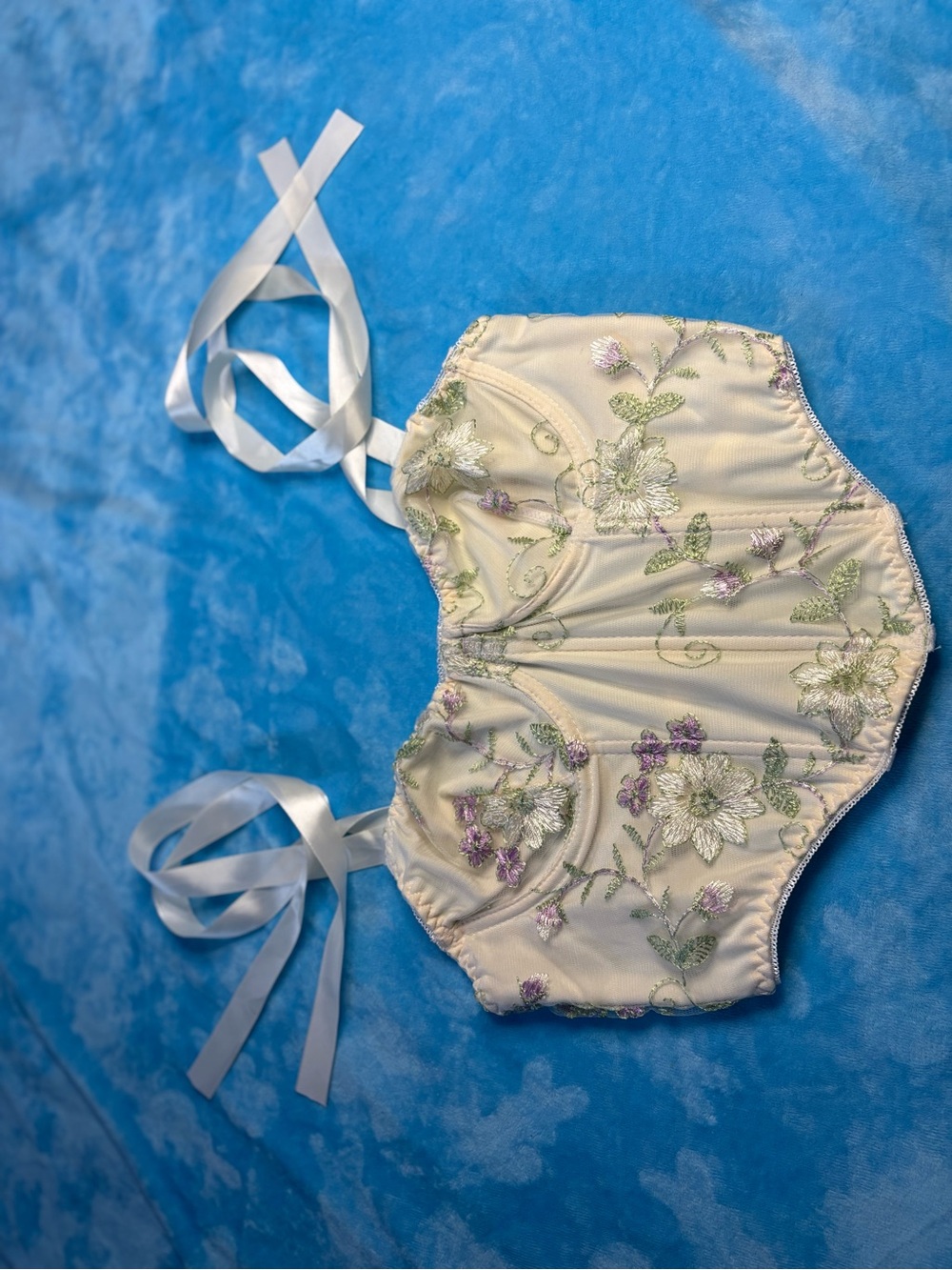 ROMWE Cream Floral Embroidered Bustier with Lavender & Green Accents